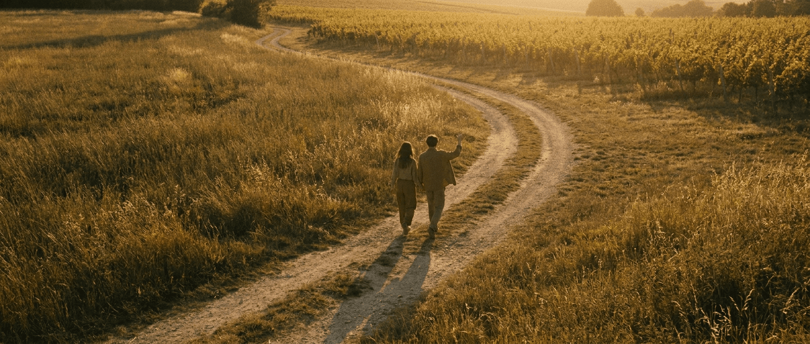 Two people walking through tall grass at golden hour.