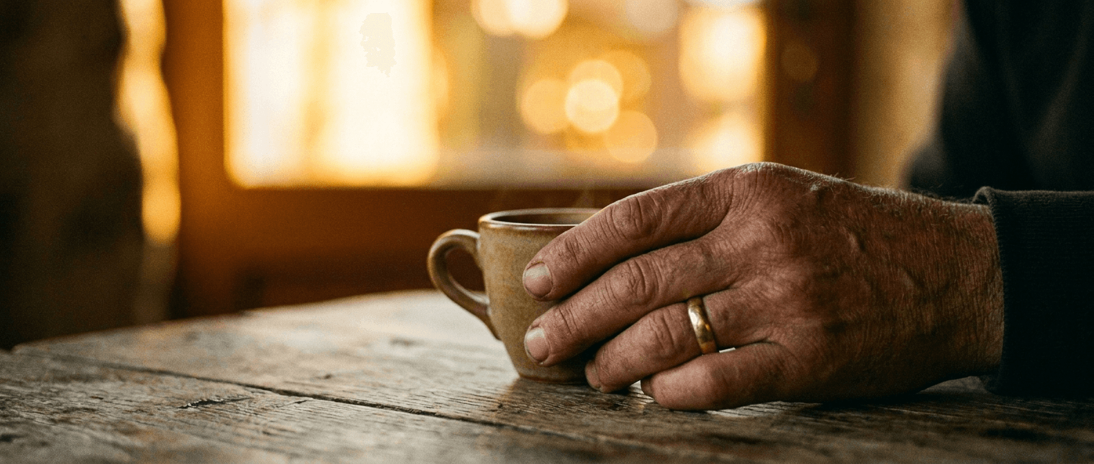 A weathered hand holding a cup of espresso.