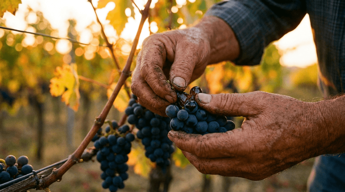 Hands picking dark purple grapes from a vine, golden hour, soft focus vineyard rows behind.
