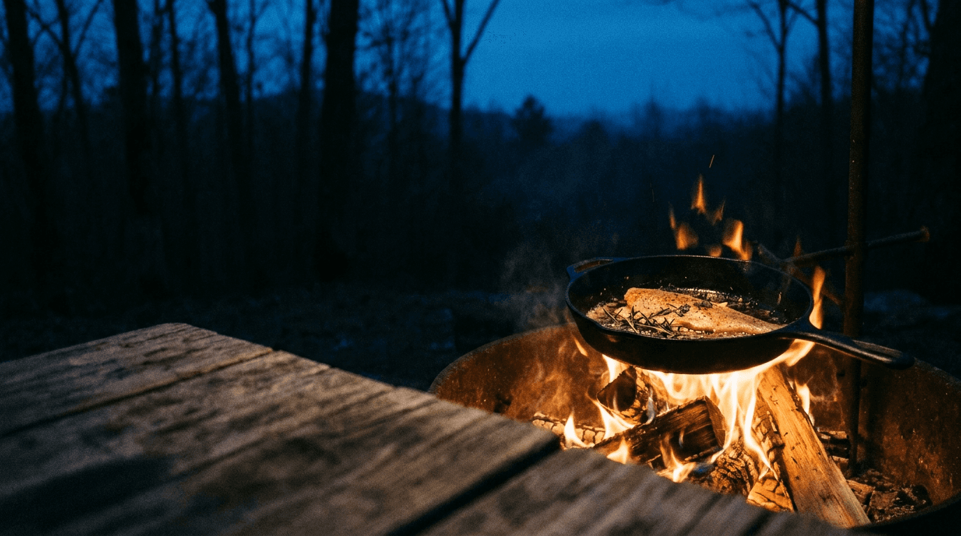 Cast-iron pan over a campfire at twilight.