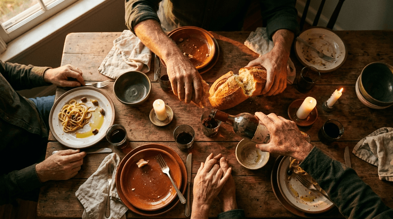 Overhead: four pairs of hands at a wooden dinner table.