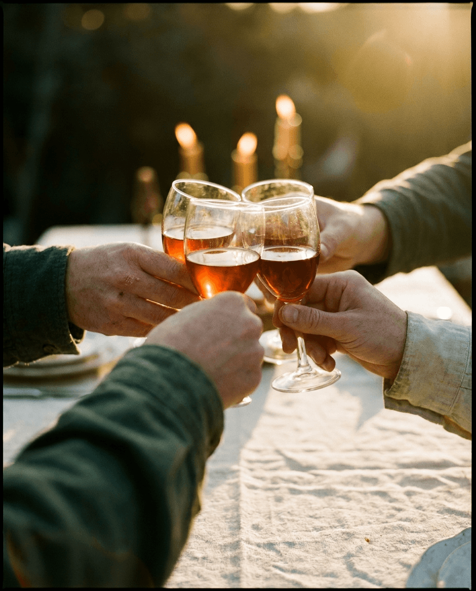 Four hands meeting and clinking wine glasses in a toast at golden hour.