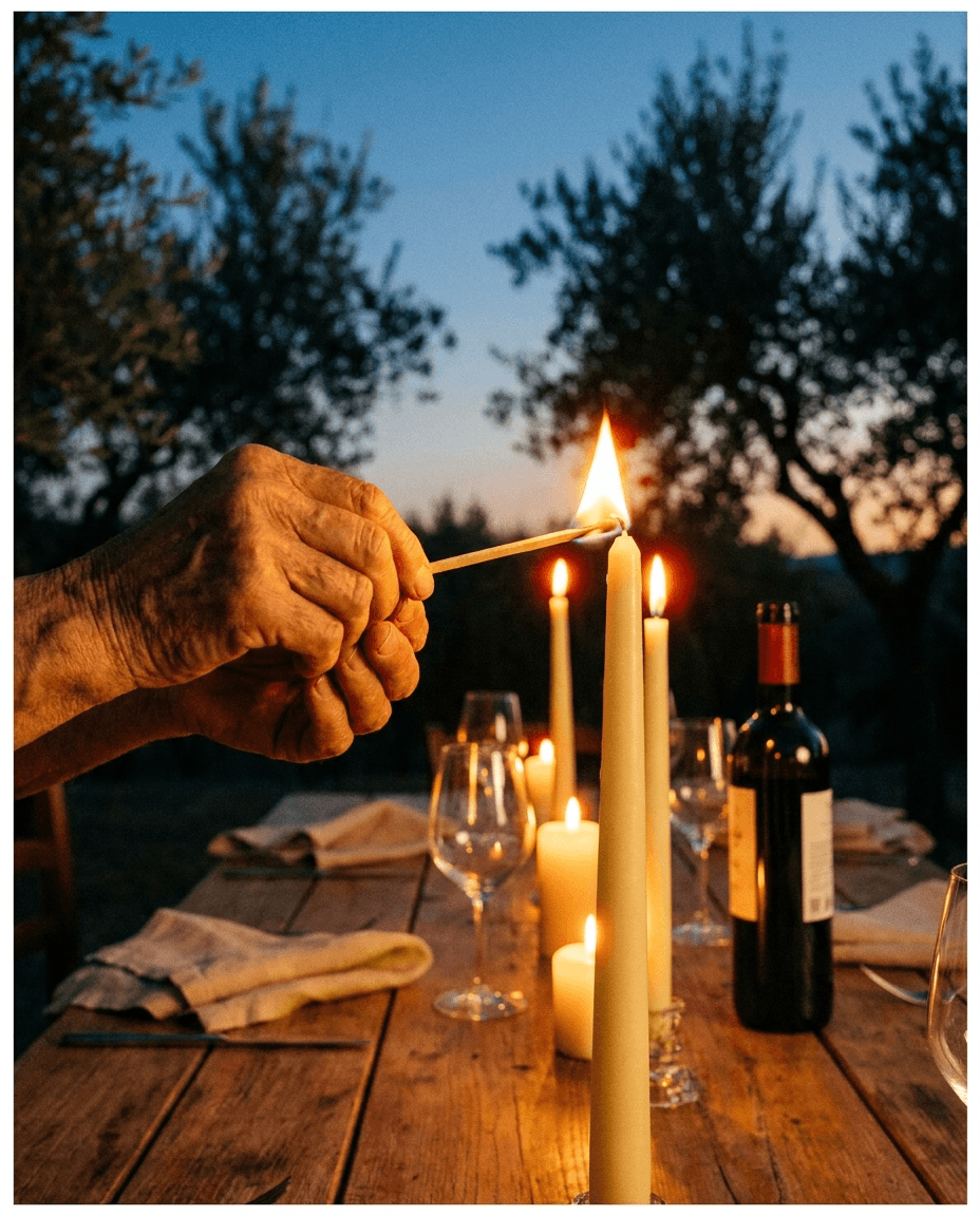 Weathered hands lighting tall candles down the centerline of a long table at dusk.