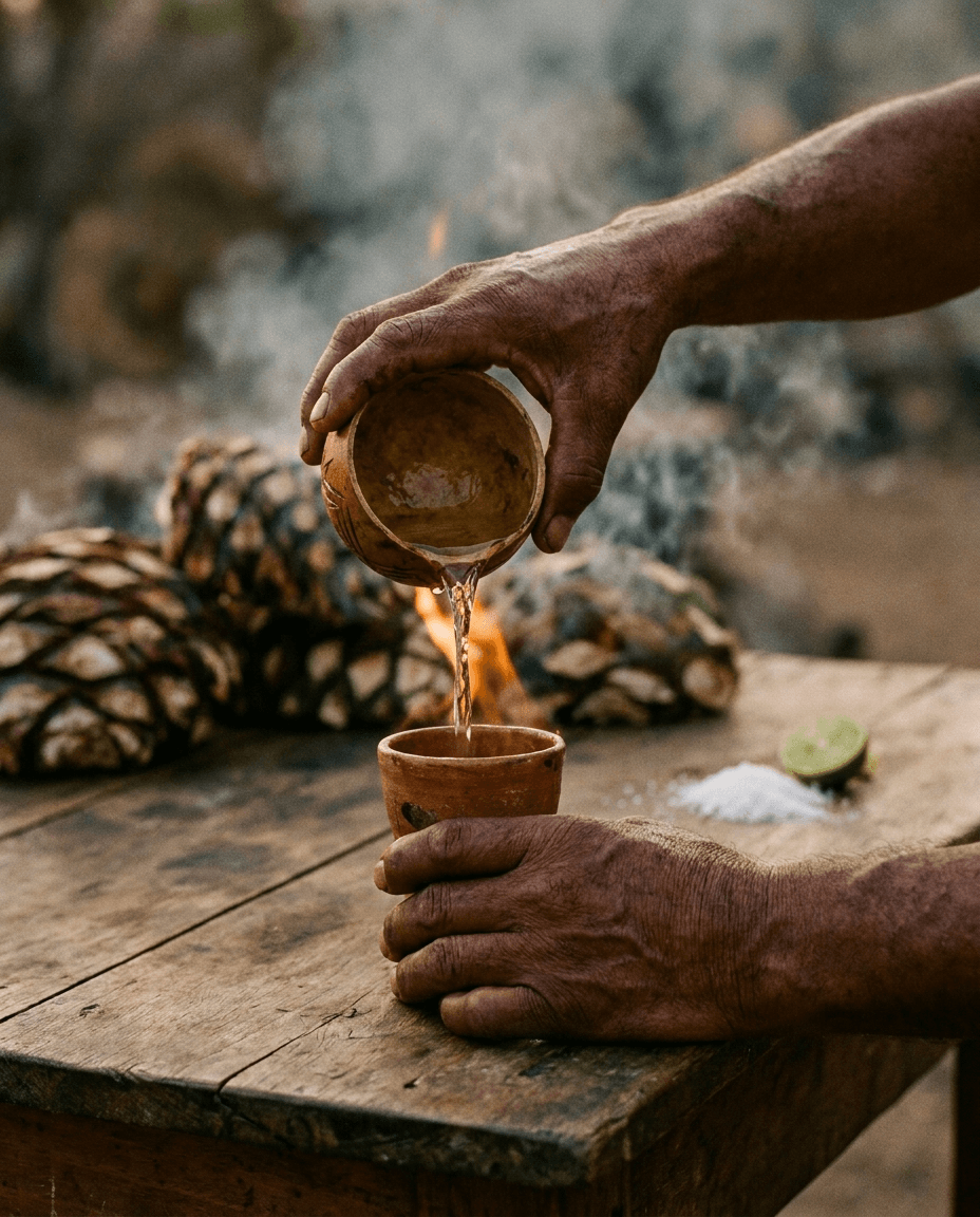 A mezcalero pouring clear mezcal from a gourd into a clay cup at dusk.